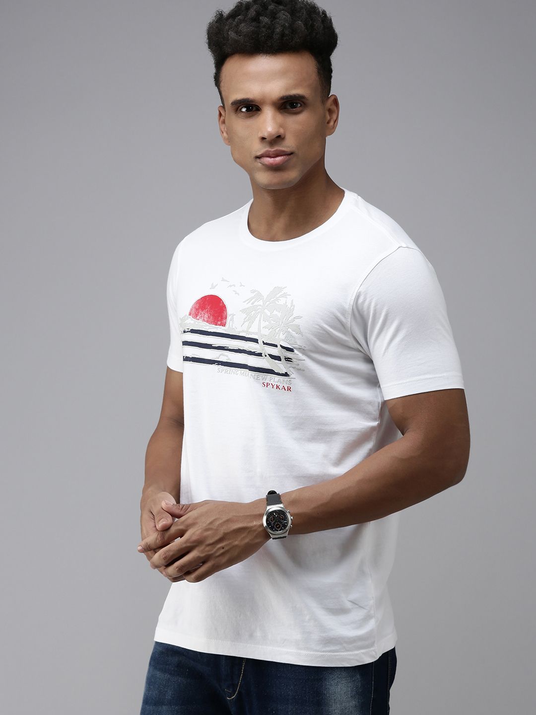 SPYKAR Graphic Print Round Neck Knitted Pure Cotton Slim Fit T-shirt
