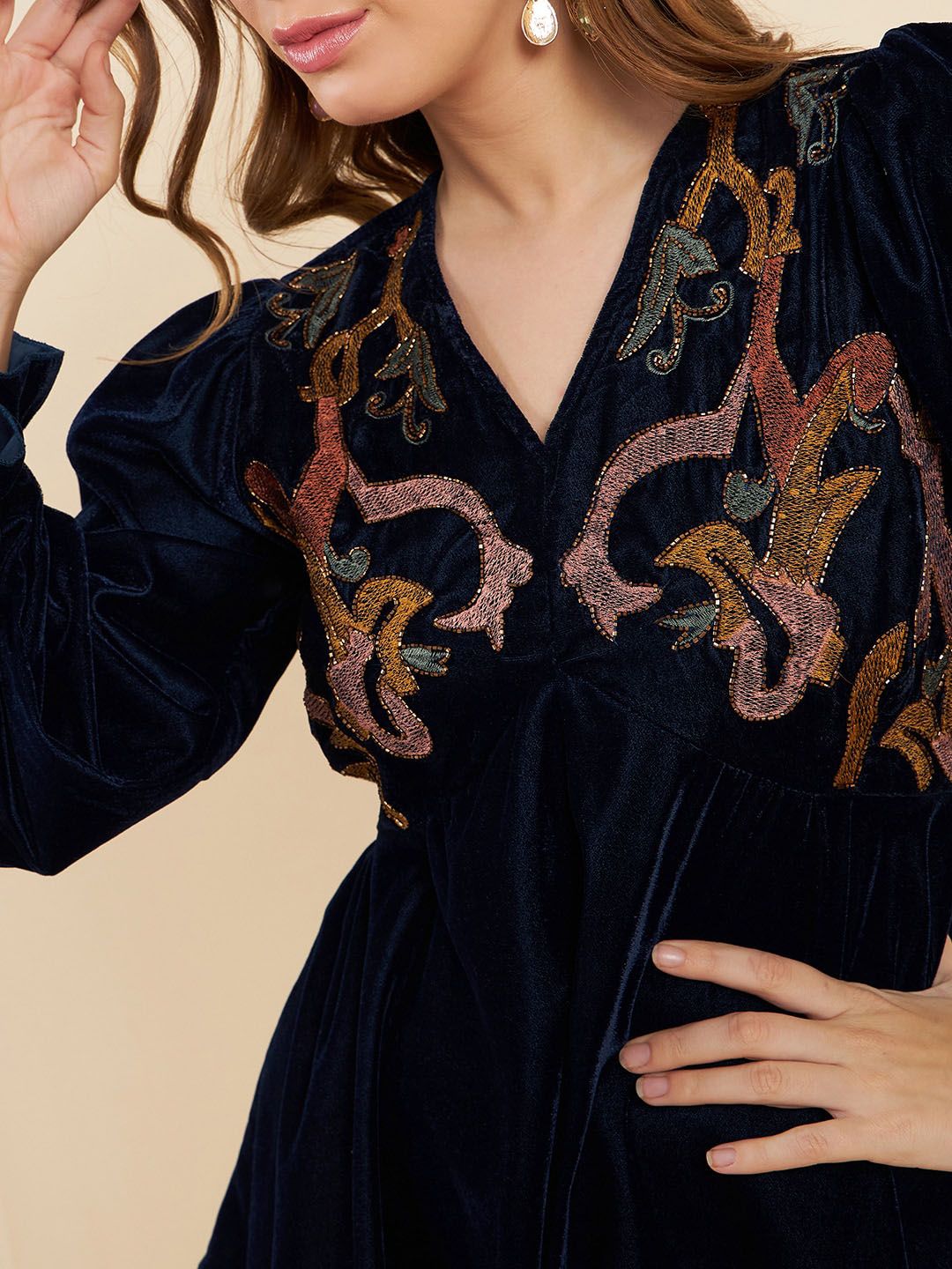 Antheaa Navy Blue Embroidered V-Neck Tunic With Trouser