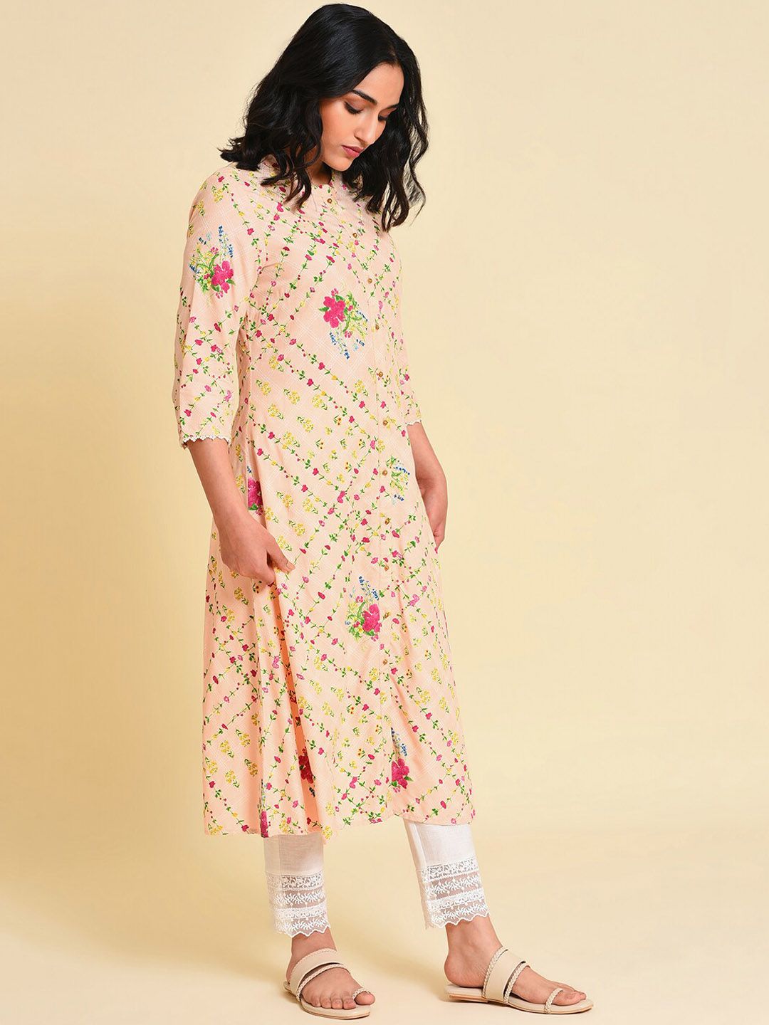 W Women Floral Printed Thread Work A-Line Kurta with Trousers