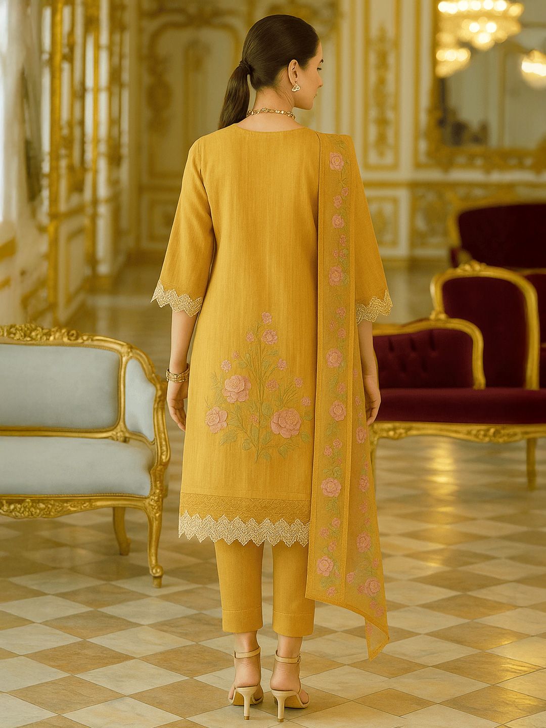 Varanga Floral Embroidered V-Neck Thread Work Pure Cotton Kurta With Trousers And Dupatta