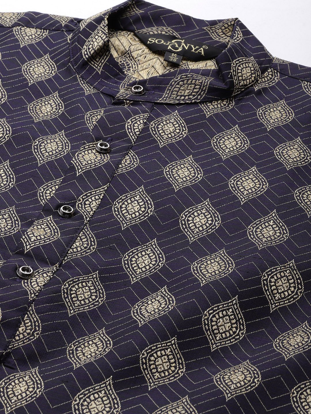 SOJANYA Men Navy Blue & Golden Jacquard Woven Design Kurta