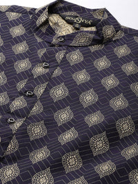 SOJANYA Lelaki Navy Blue & Golden Jacquard Woven Design Kurta