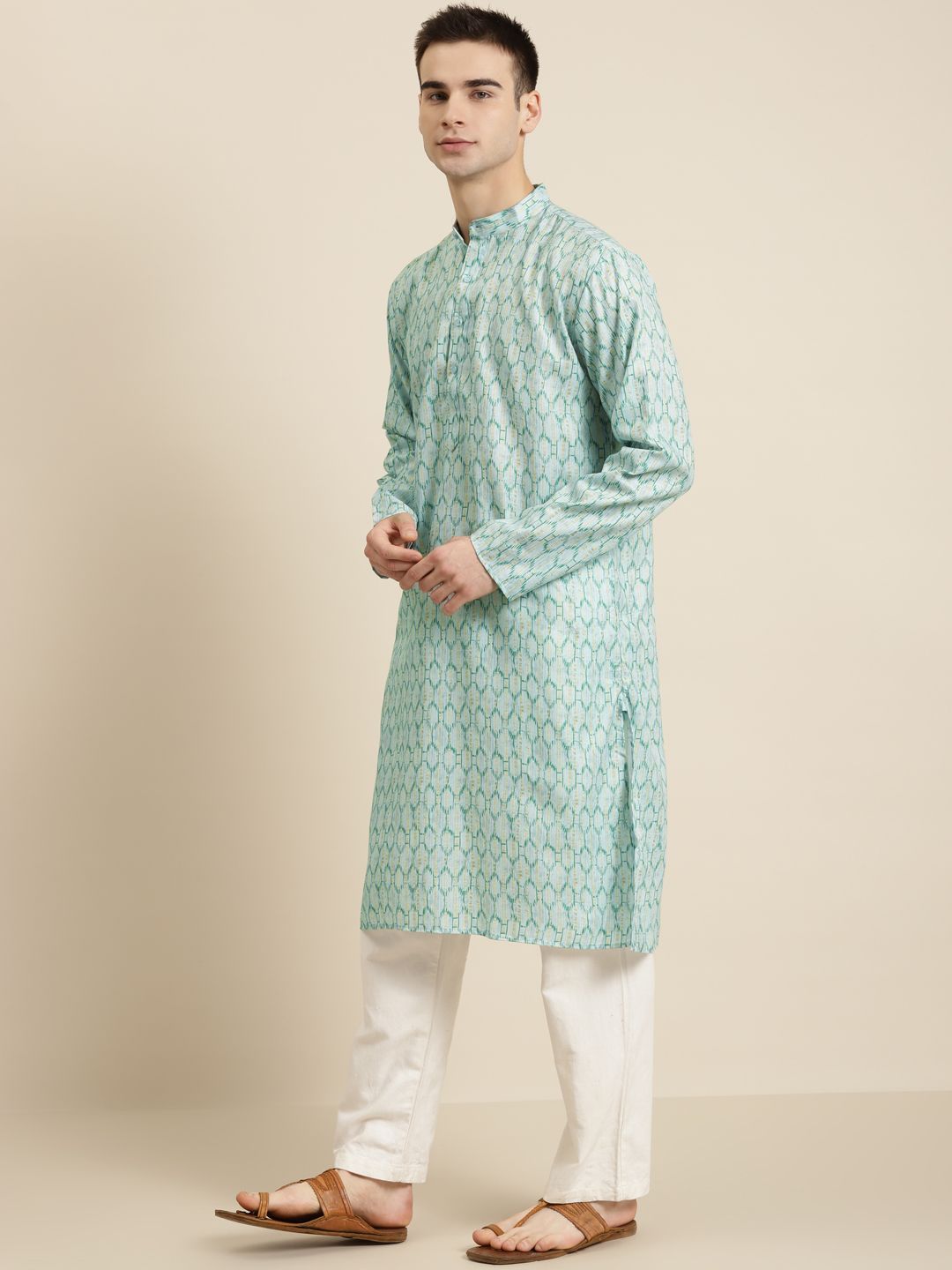 SOJANYA Men Sea Green & Beige Pure Cotton Geometric Printed Kurta