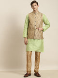 SOJANYA Men Green Striped Kurta with Churidar & Nehru Jacket