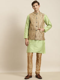 SOJANYA Men Green Striped Kurta with Churidar & Nehru Jacket
