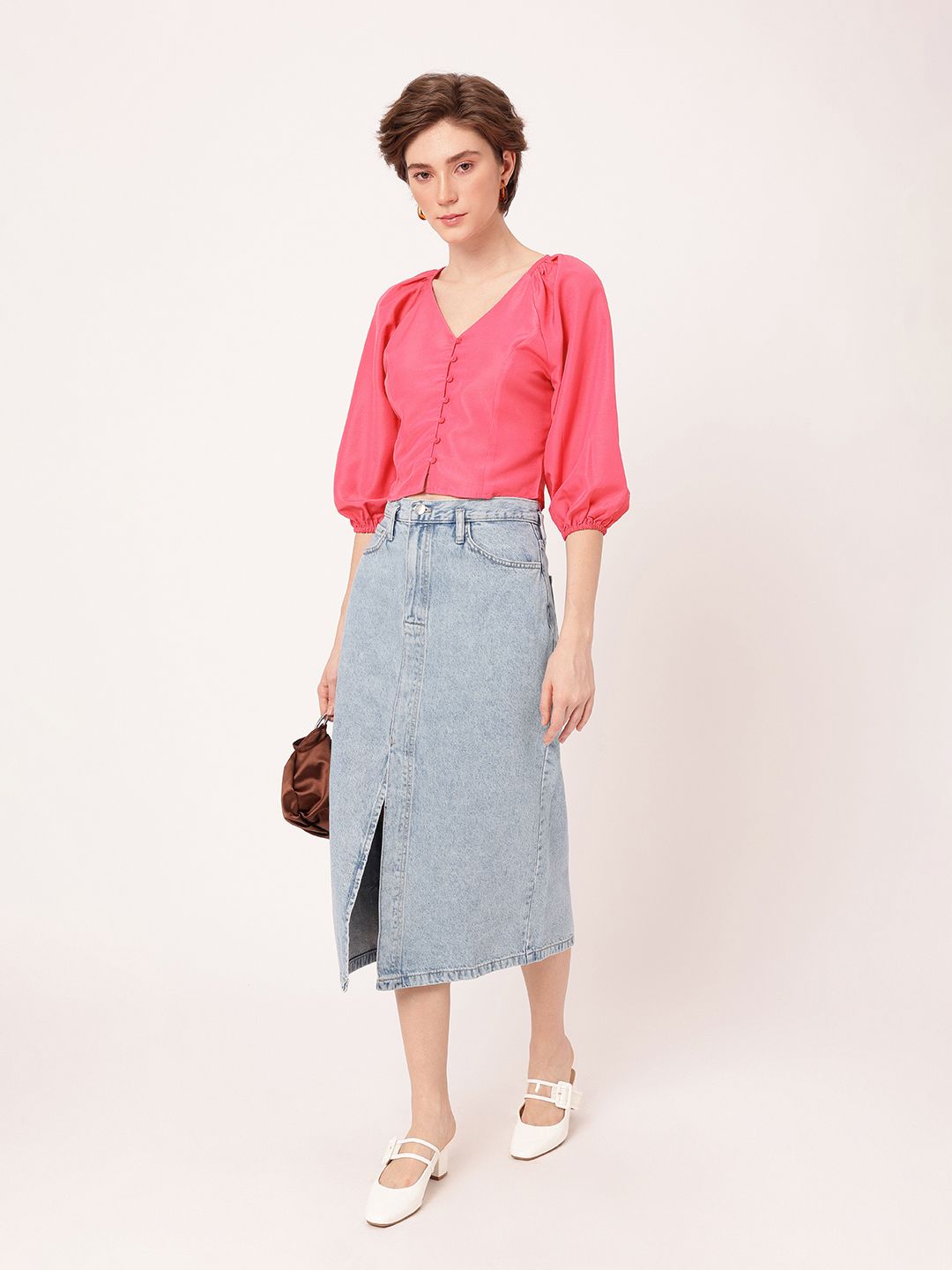 DressBerry Girly Glam Puff Sleeve Shirt Style Crop Top