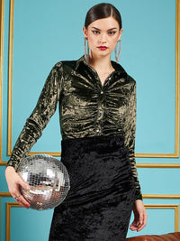 SASSAFRAS Olive Green Slim Fit Velvet Ruched Party Shirt