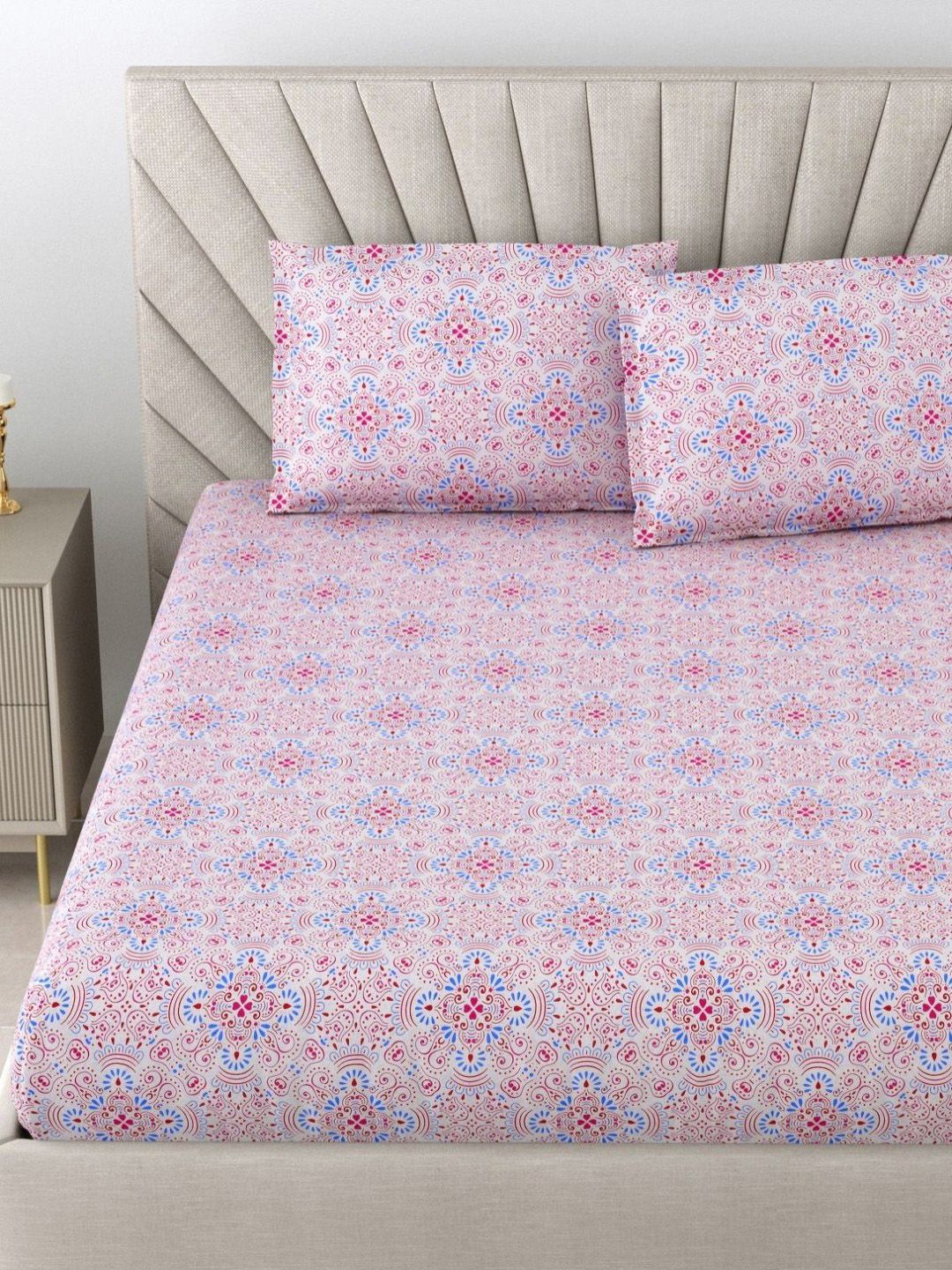 BOMBAY DYEING Epigram Pink Printed Pure Cotton 120 TC Queen Bedsheet Set 2.24 m X 2.54 m
