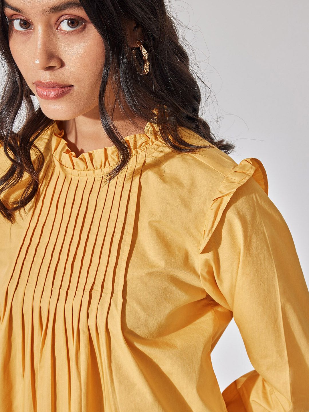 The Label Life High Neck Pintuck Ruffled Cotton Top