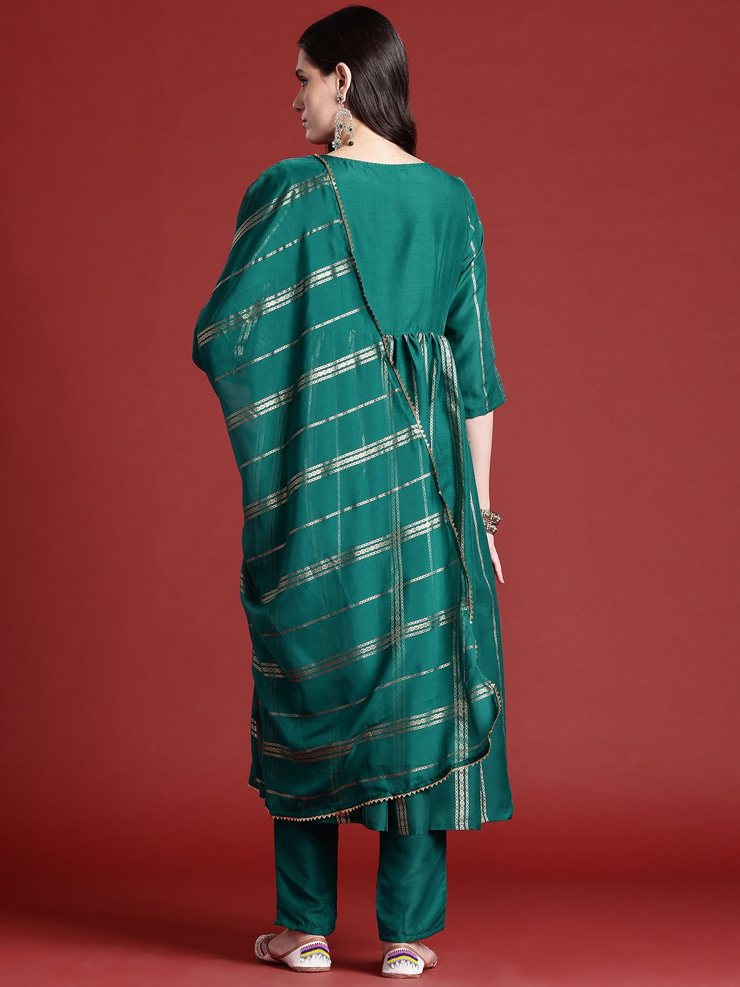 Anouk Striped A-Line Kurta with Trousers & Dupatta