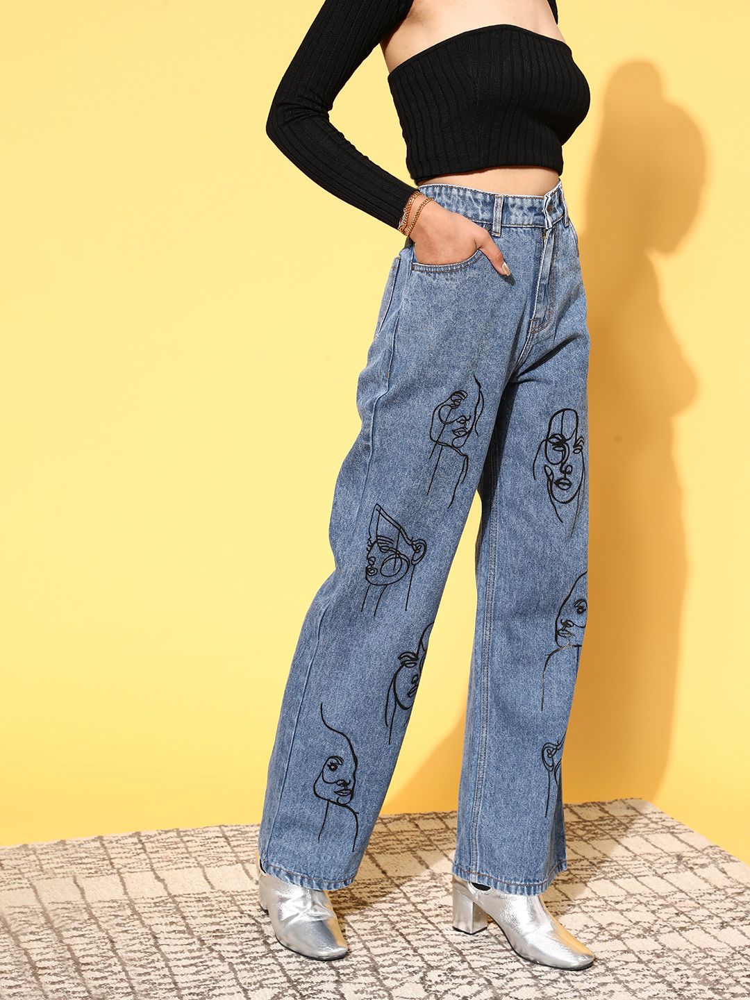 SASSAFRAS Women Blue High-Rise Straight Fit Stretchable Jeans