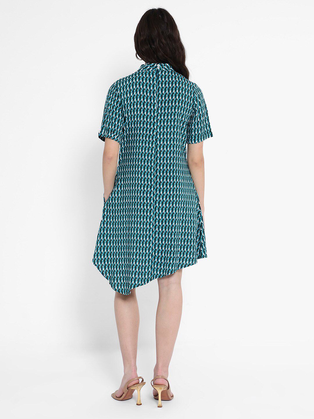 Rareism High Neck Printed Cotton A-Line Dress