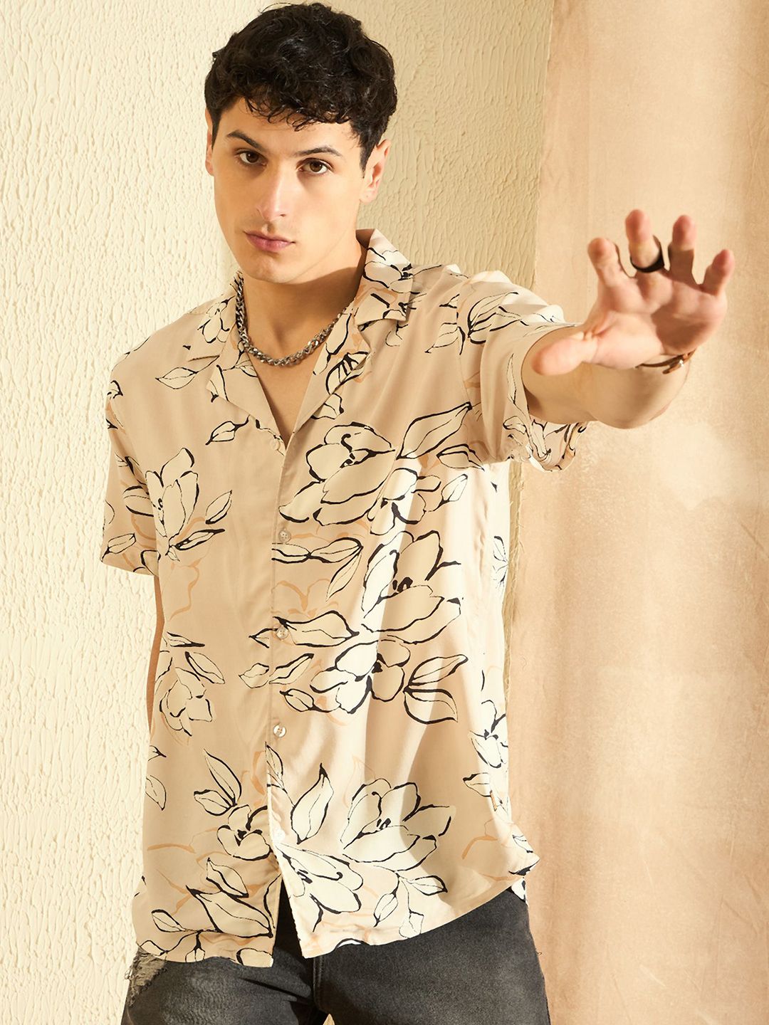 DENNISON Smart Oversized Floral Printed Cuban Collar Casual Shirt