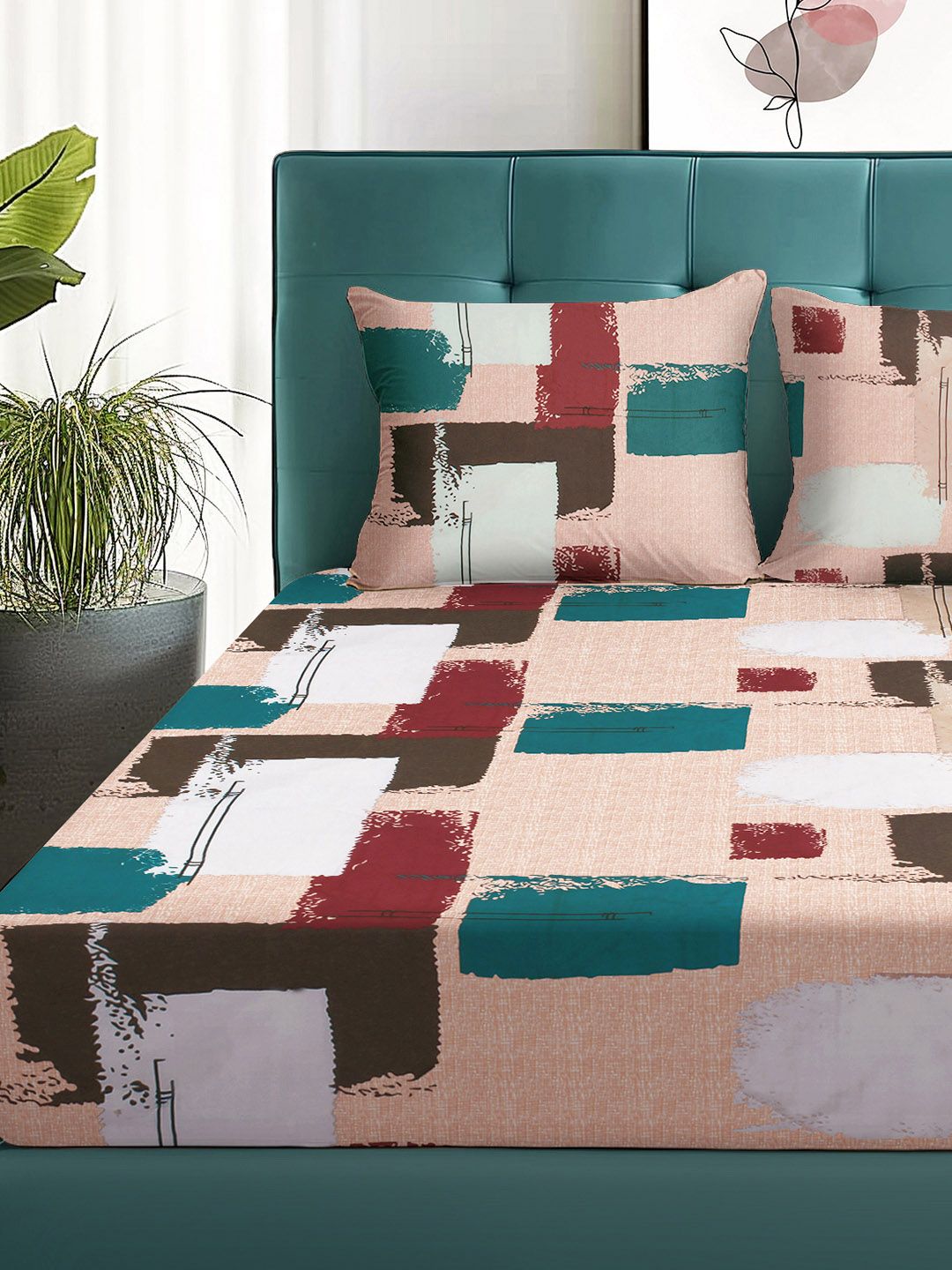 Story@home Arena Peach-Coloured & White Printed 180 TC Queen Bedsheet with 2 Pillow Covers