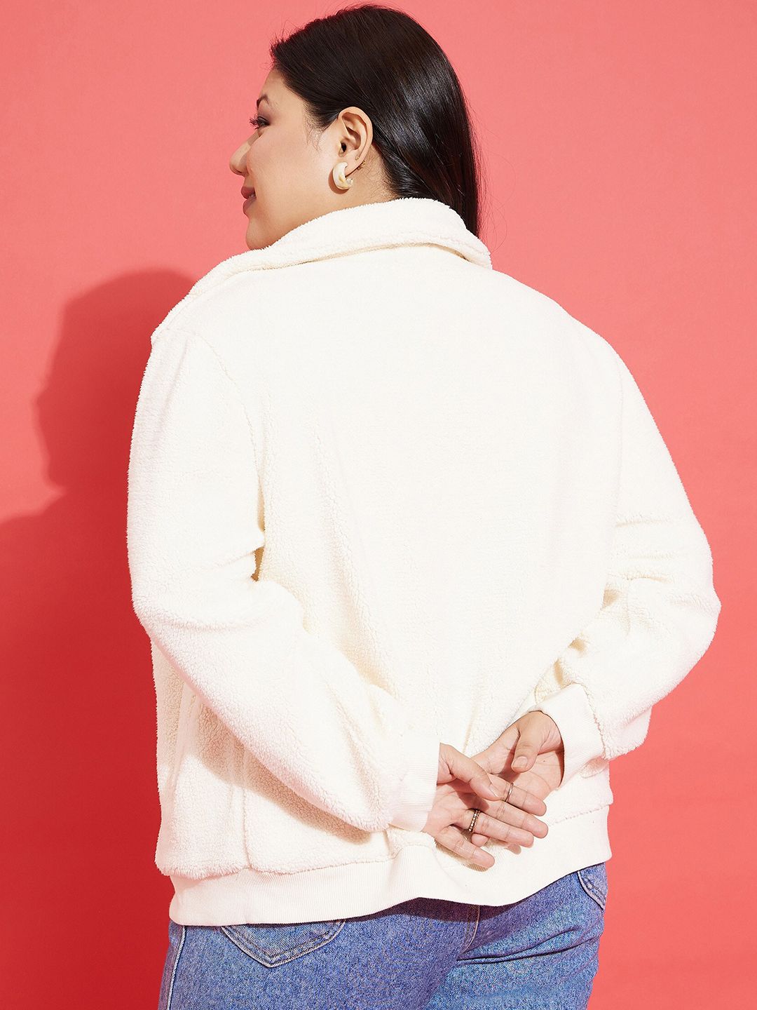 SASSAFRAS Curve Plus Size White Self Design Mock Collar Bomber Jacket