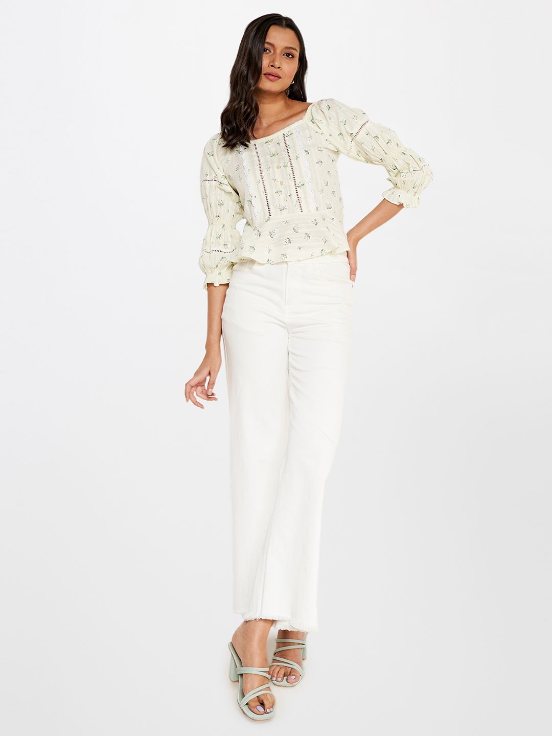 AND Floral Print Pure Cotton Cinched Waist Top