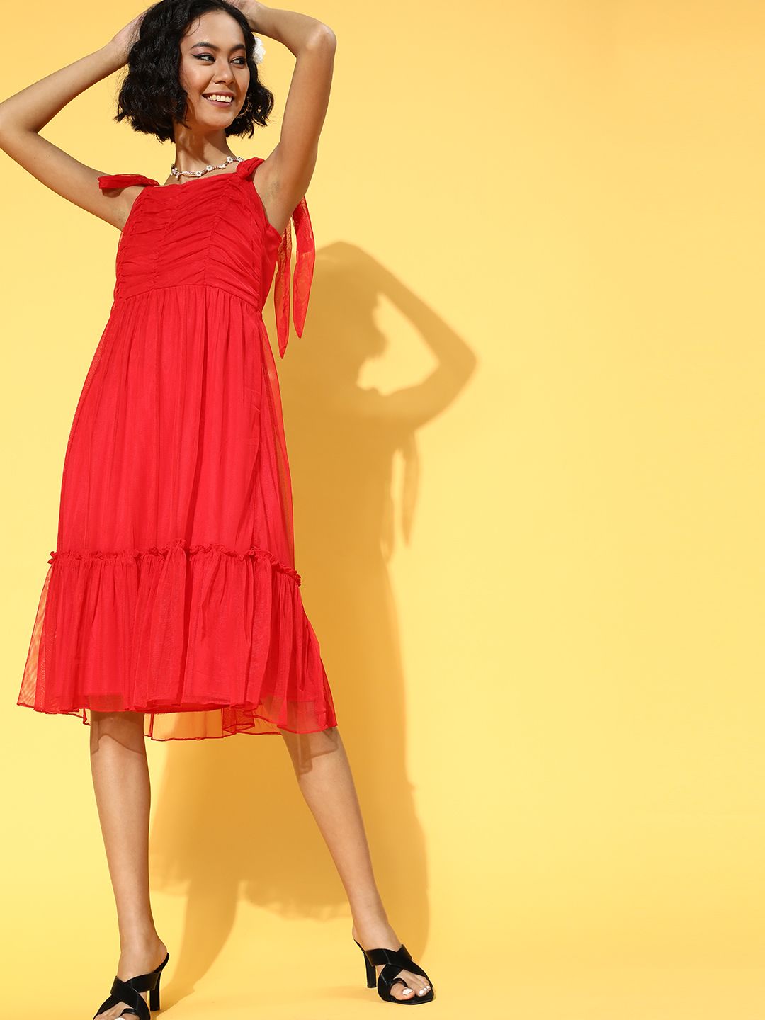 Athena Women Chic Red Solid Tiered Dress