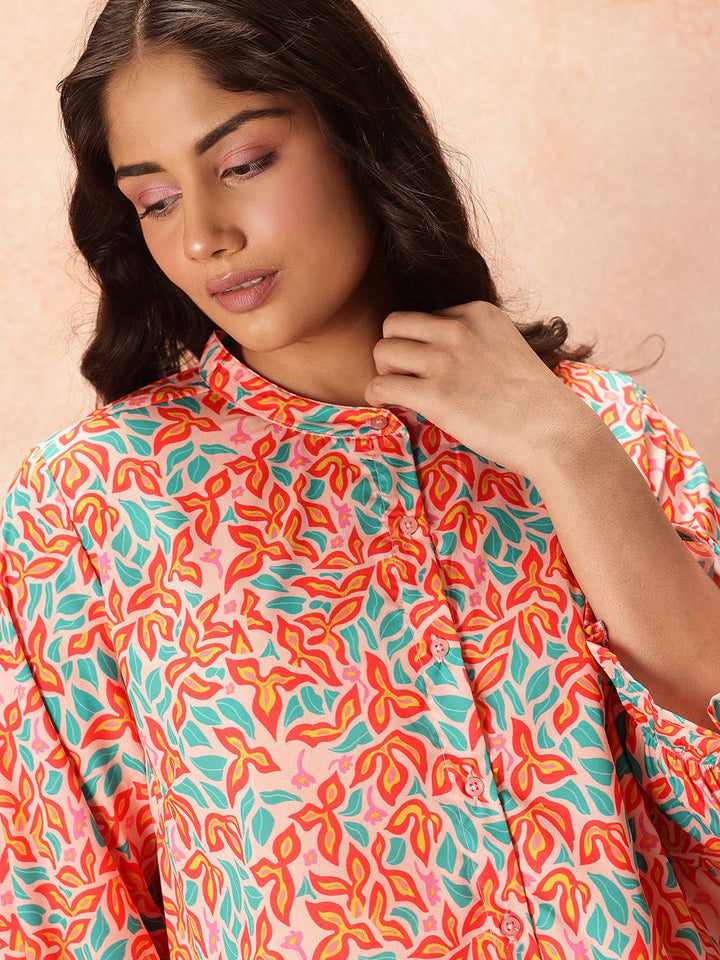 all about you Plus Size Floral Print Mandarin Collar Puff Sleeve Shirt Style Top