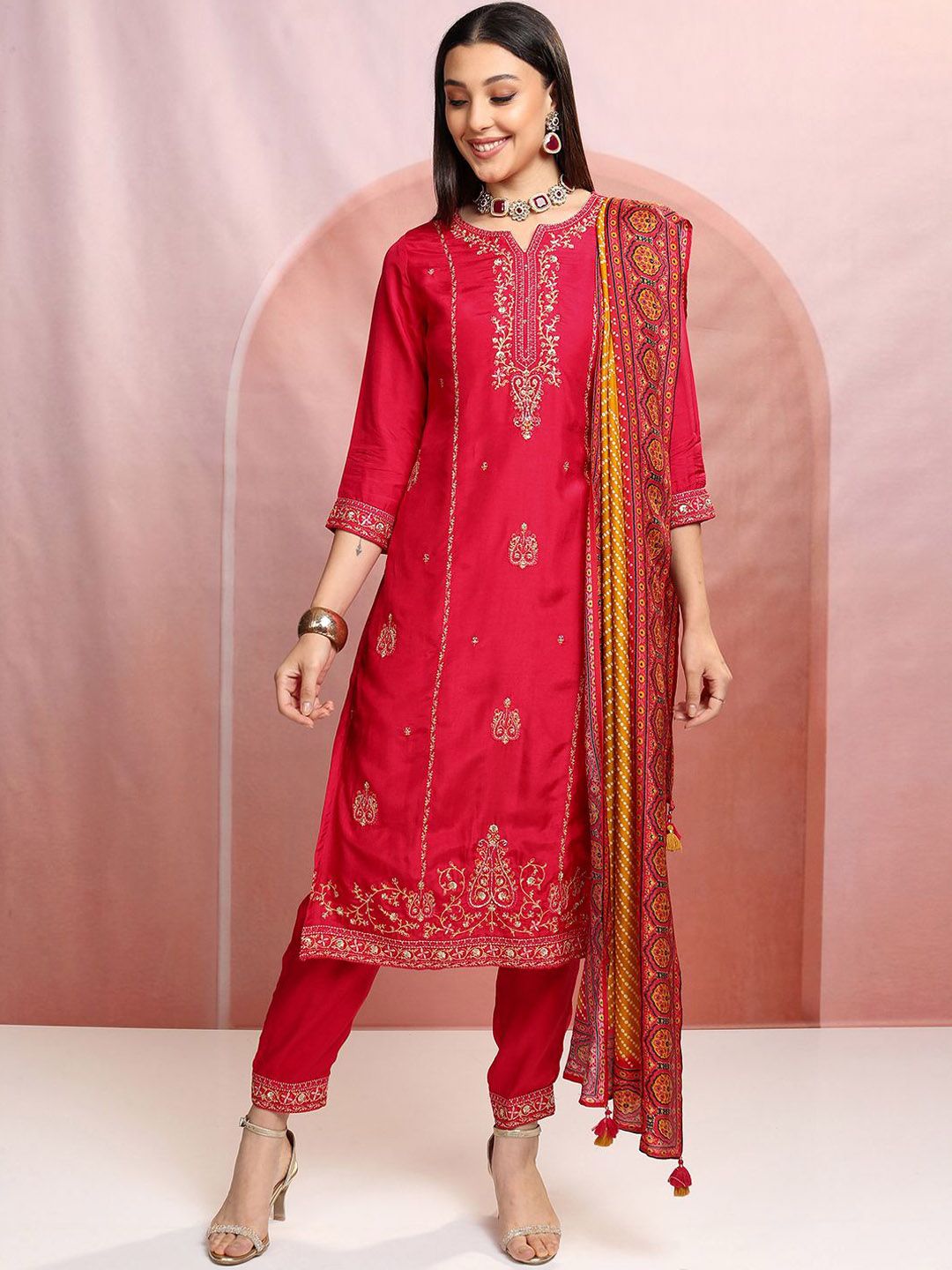 Vishudh Red Ethnic Motifs Embroidered Sequinned Straight Kurta With Trousers & Dupatta