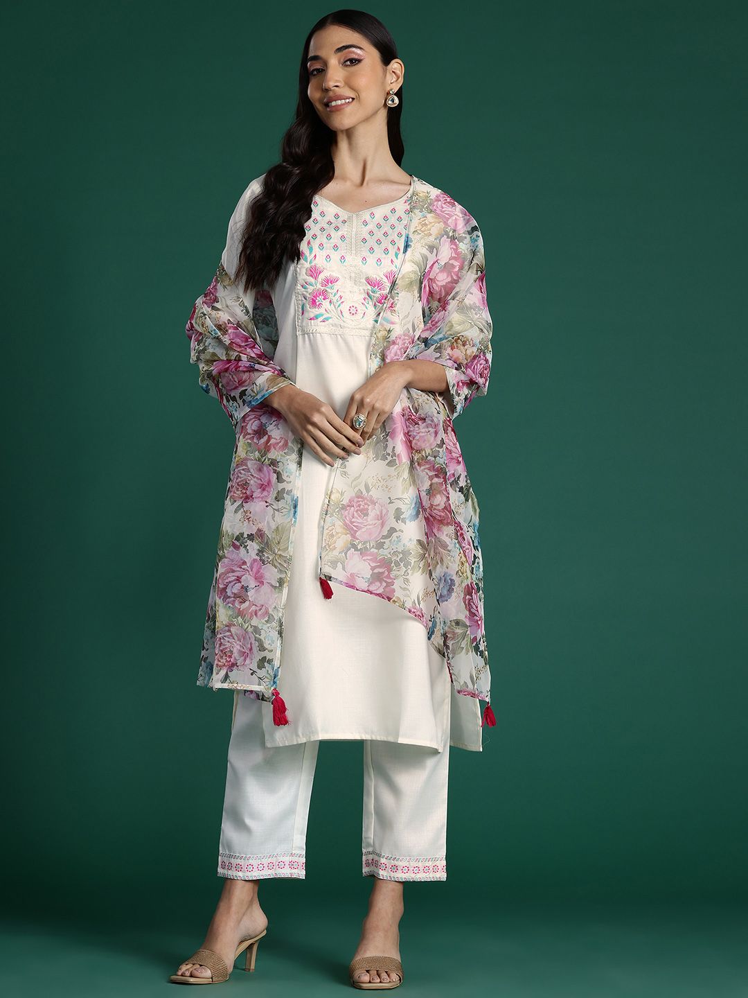 Indo Era Yoke Design Zari Pure Cotton Kurta With Trousers & Dupatta
