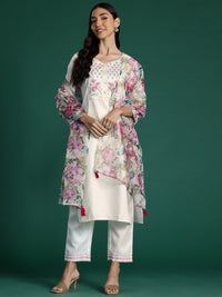 Indo Era Yoke Design Zari Pure Cotton Kurta With Trousers & Dupatta