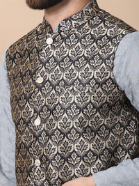 Anouk Grey Floral Embroidered Thread Work Pure Cotton Kurta with Churidar & Nehru Jacket