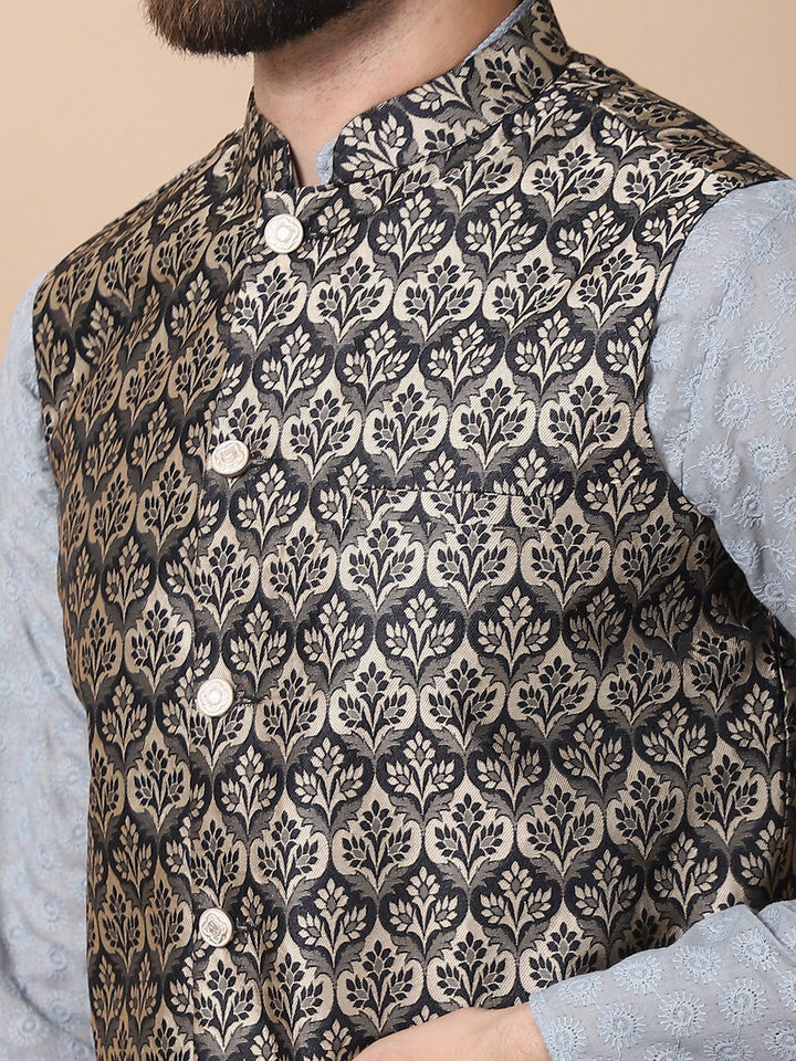 Anouk Grey Floral Embroidered Thread Work Pure Cotton Kurta with Churidar & Nehru Jacket