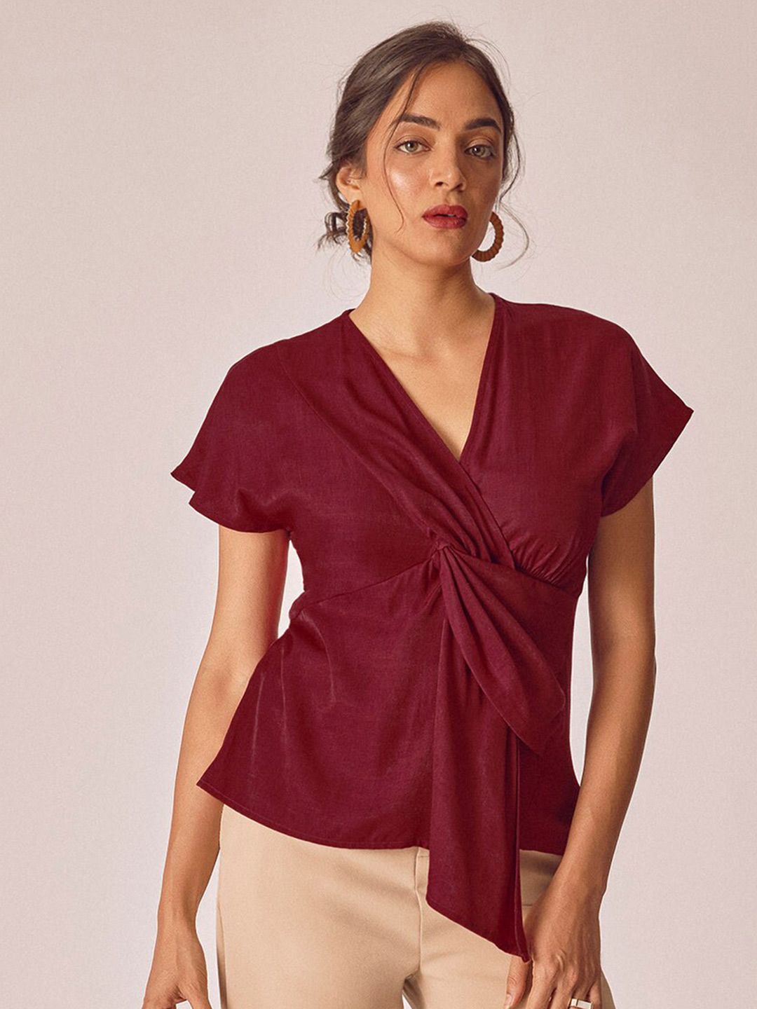 The Label Life V-Neck Extended Sleeves Asymmetric Front Twisted Top