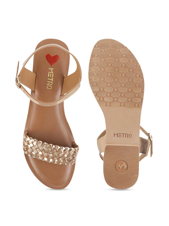 Metro Women Gold-Toned Woven Design Open Toe Flats