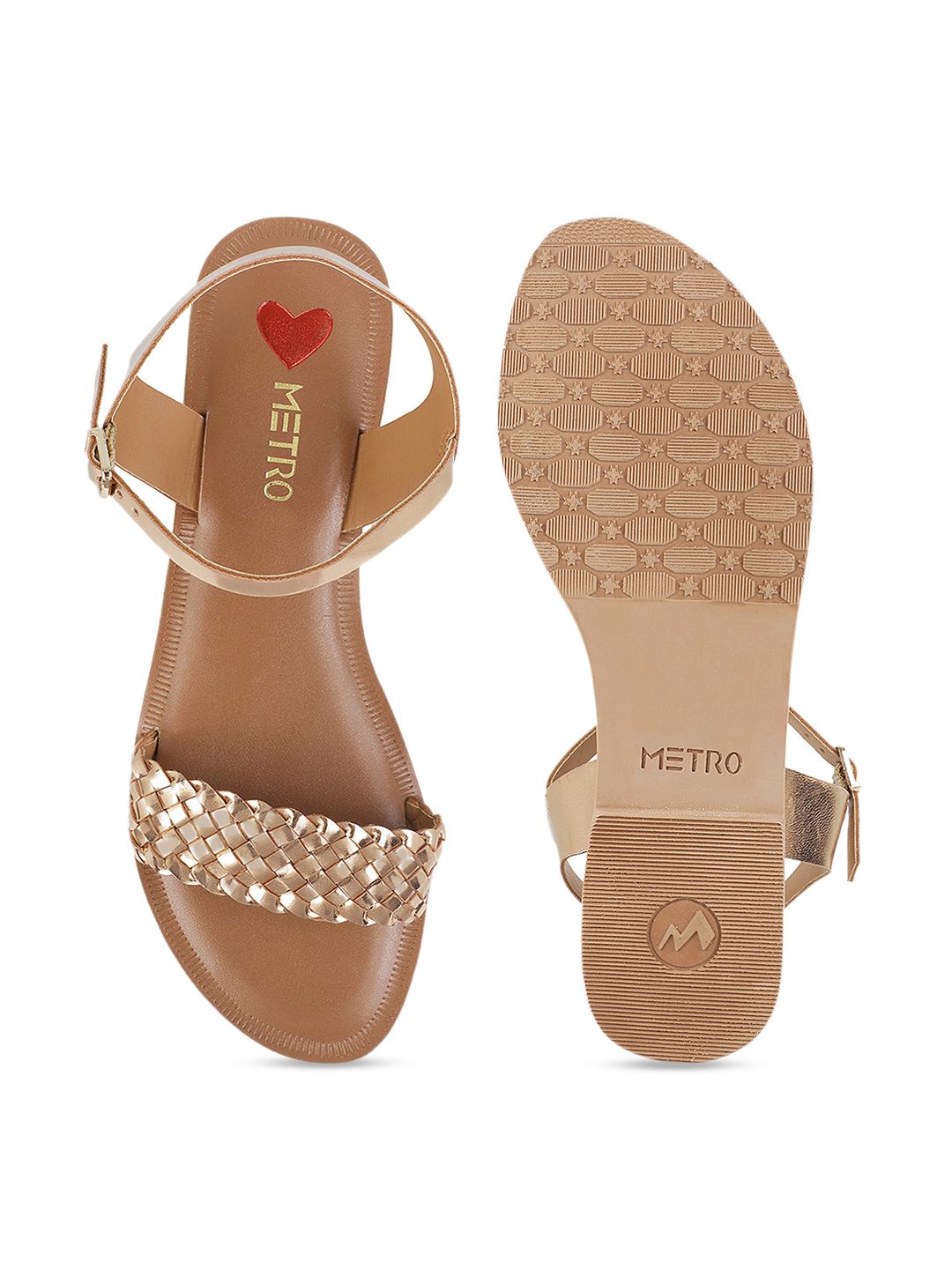 Metro Women Gold-Toned Woven Design Open Toe Flats