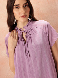 all about you Tie-Up Neck Ruffled Self - Striped Top