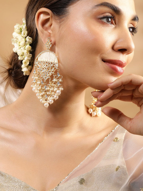 Rubans 18k emas bersalut kerja kundan dan anting-anting candelier mutiara mutiara putih luar putih