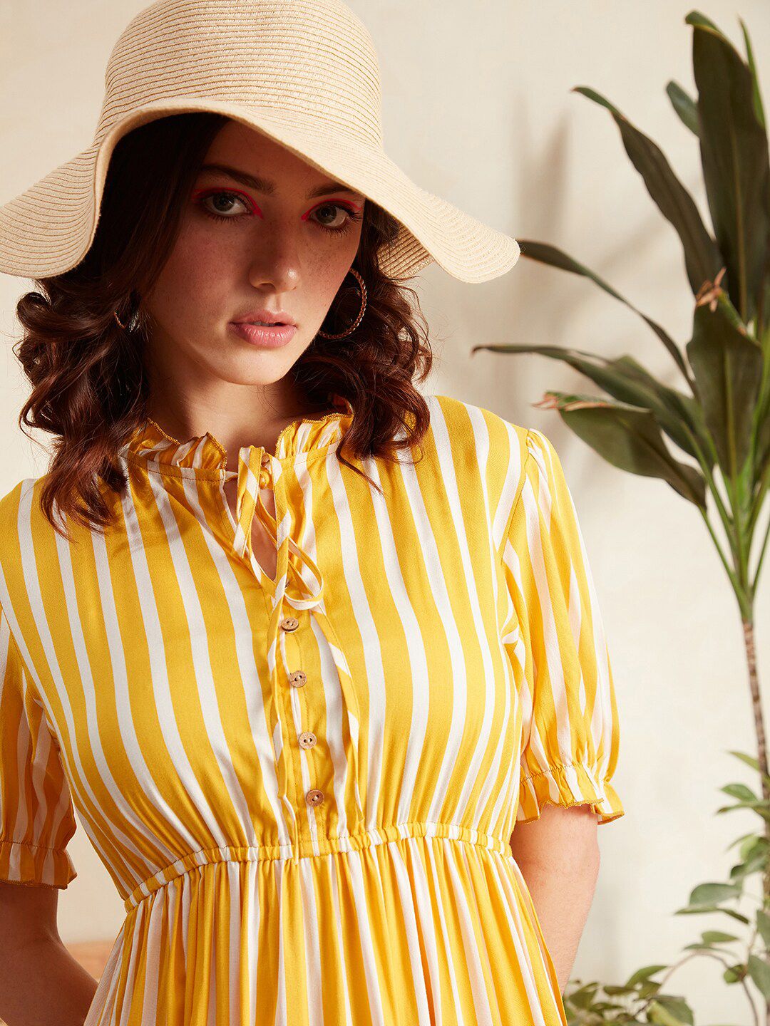 Berrylush Yellow Striped Tie-Up Neck Puff Sleeves Gathered Tiered Fit & Flare Midi Dress