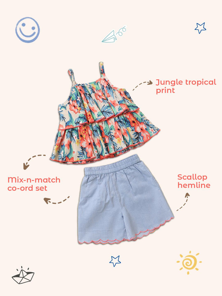 Nauti Nati Girls Blue & Coral Orange Printed Top & Solid Shorts