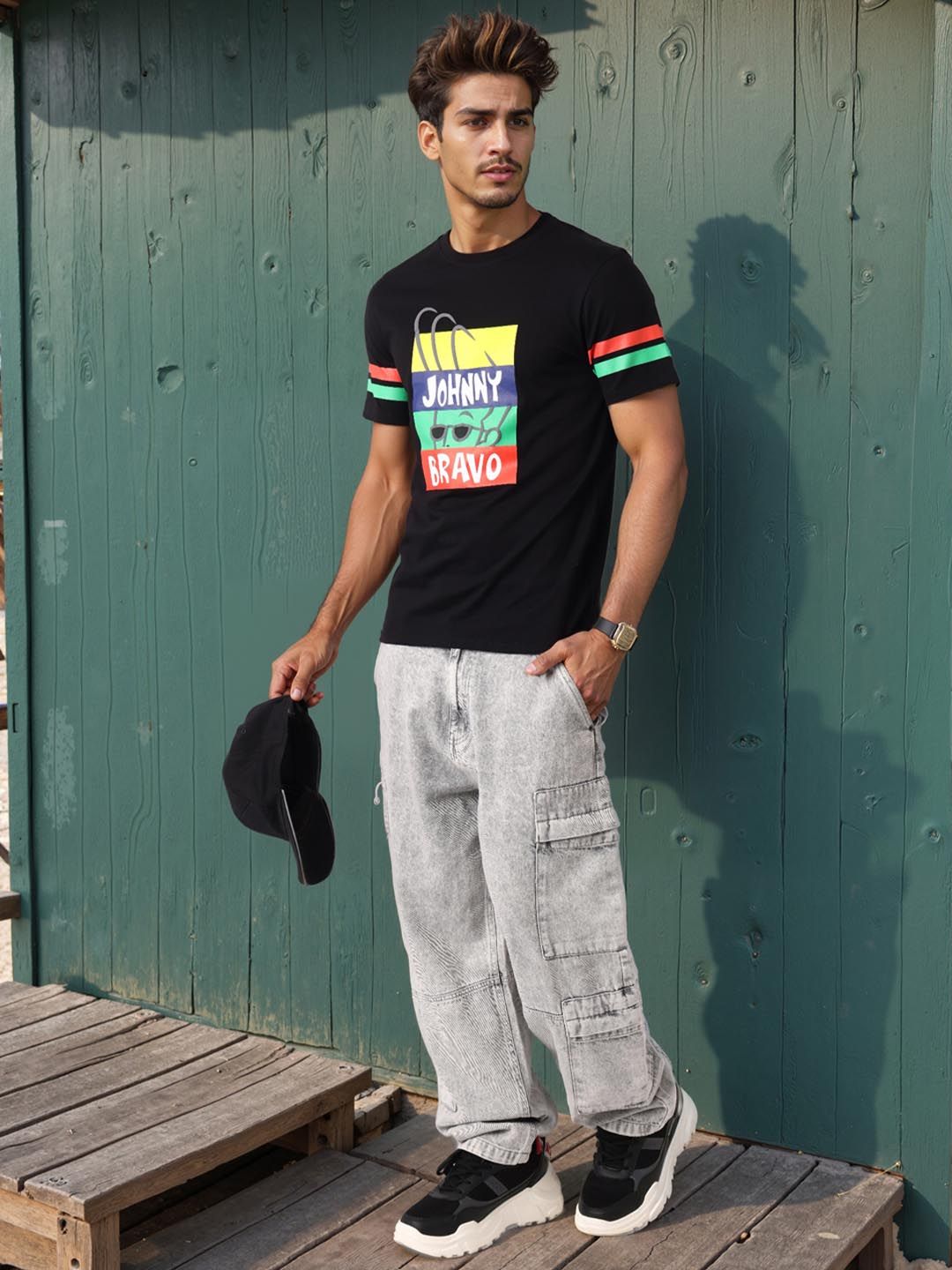 The Indian Garage Co Men Johnny Bravo Typography Printed Cotton Slim Fit T-shirt