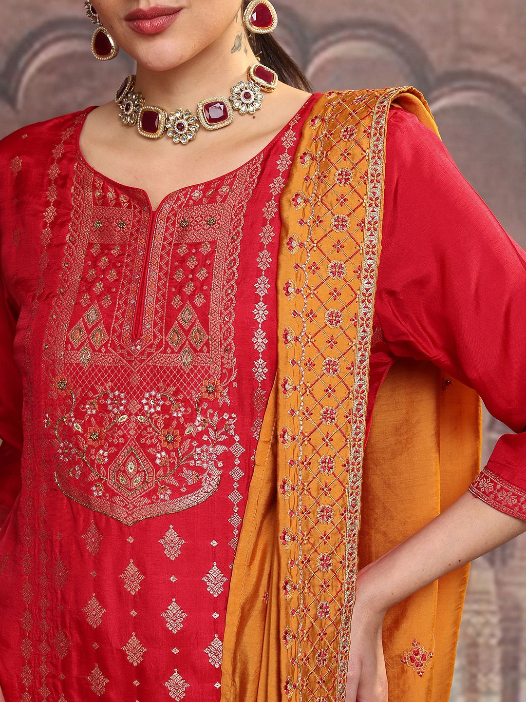 Vishudh Pink Ethnic Motifs Printed Sequinned Straight Kurta With Trousers & Dupatta