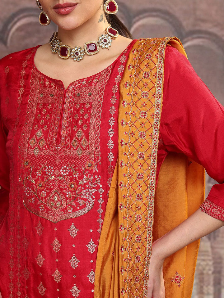 Vishudh Pink Ethnic Motifs Printed Sequinned Straight Kurta With Trousers & Dupatta