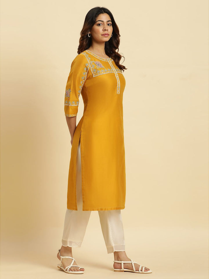 W Yellow Floral Embroidered Thread Work Kurta