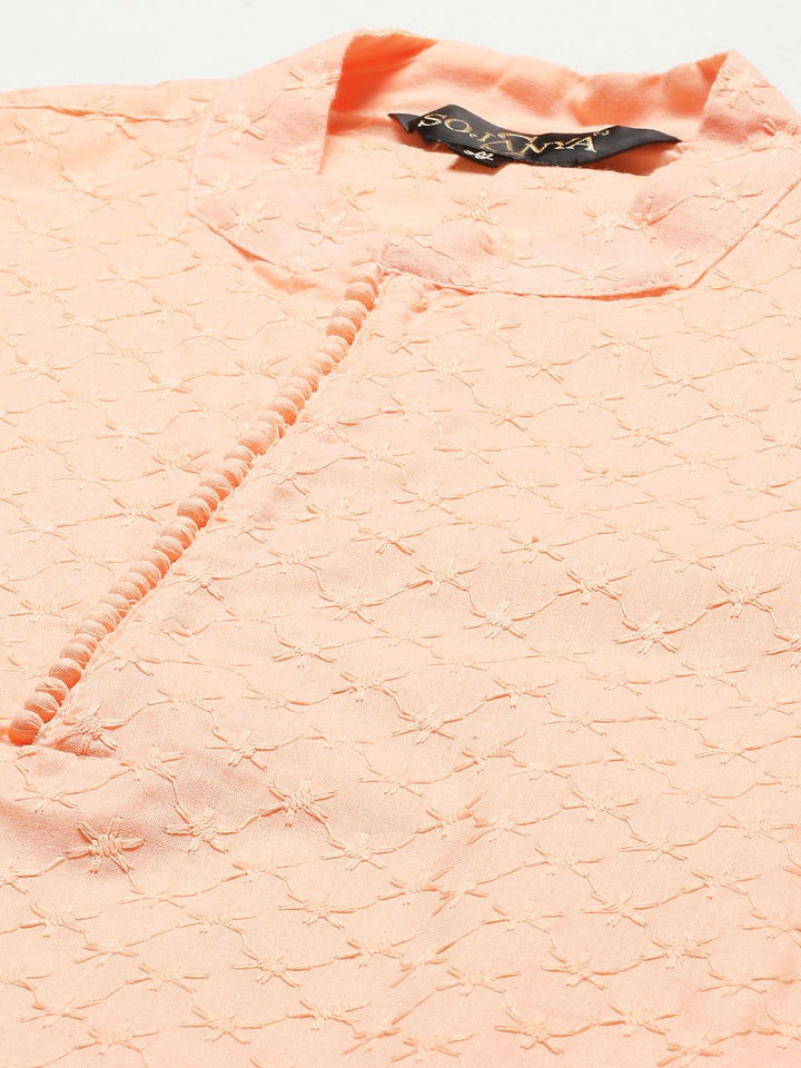 SOJANYA Men Peach-Coloured Chikankari Pure Cotton Kurta with Churidar & Nehrujacket