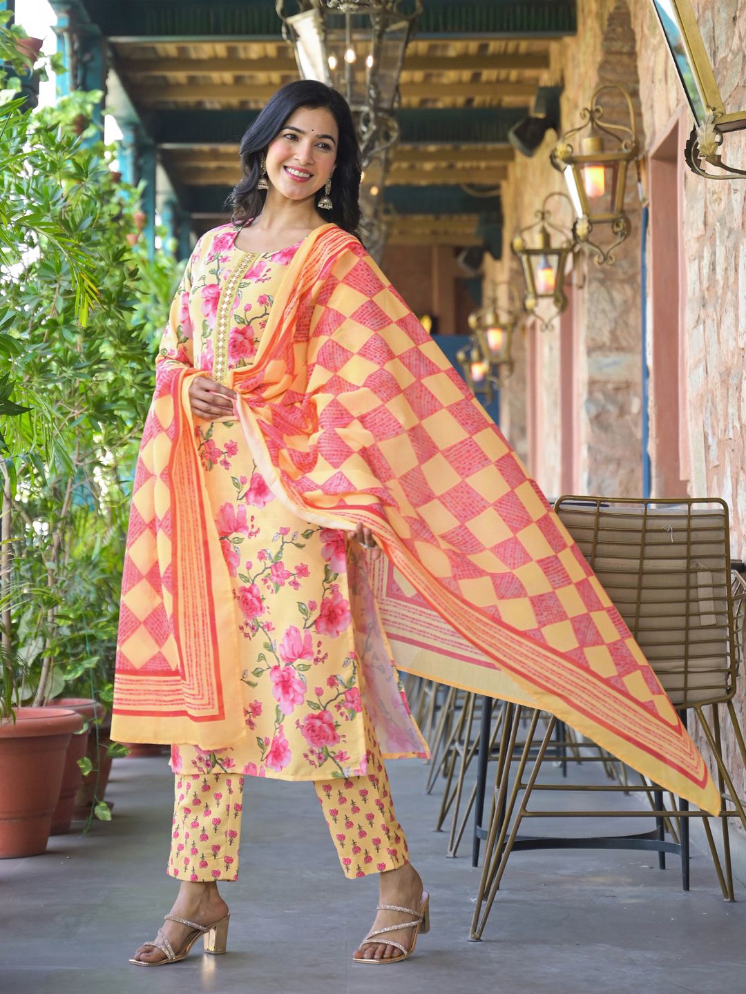 KALINI Floral Printed Straight Kurta With Trouser And Dupatta