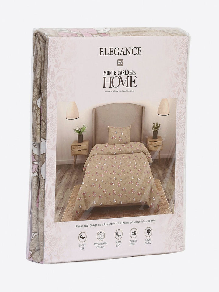Monte Carlo Beige & White Floral Printed Cotton 104 TC Single Bedsheet Set2.24 m x 1.52 m