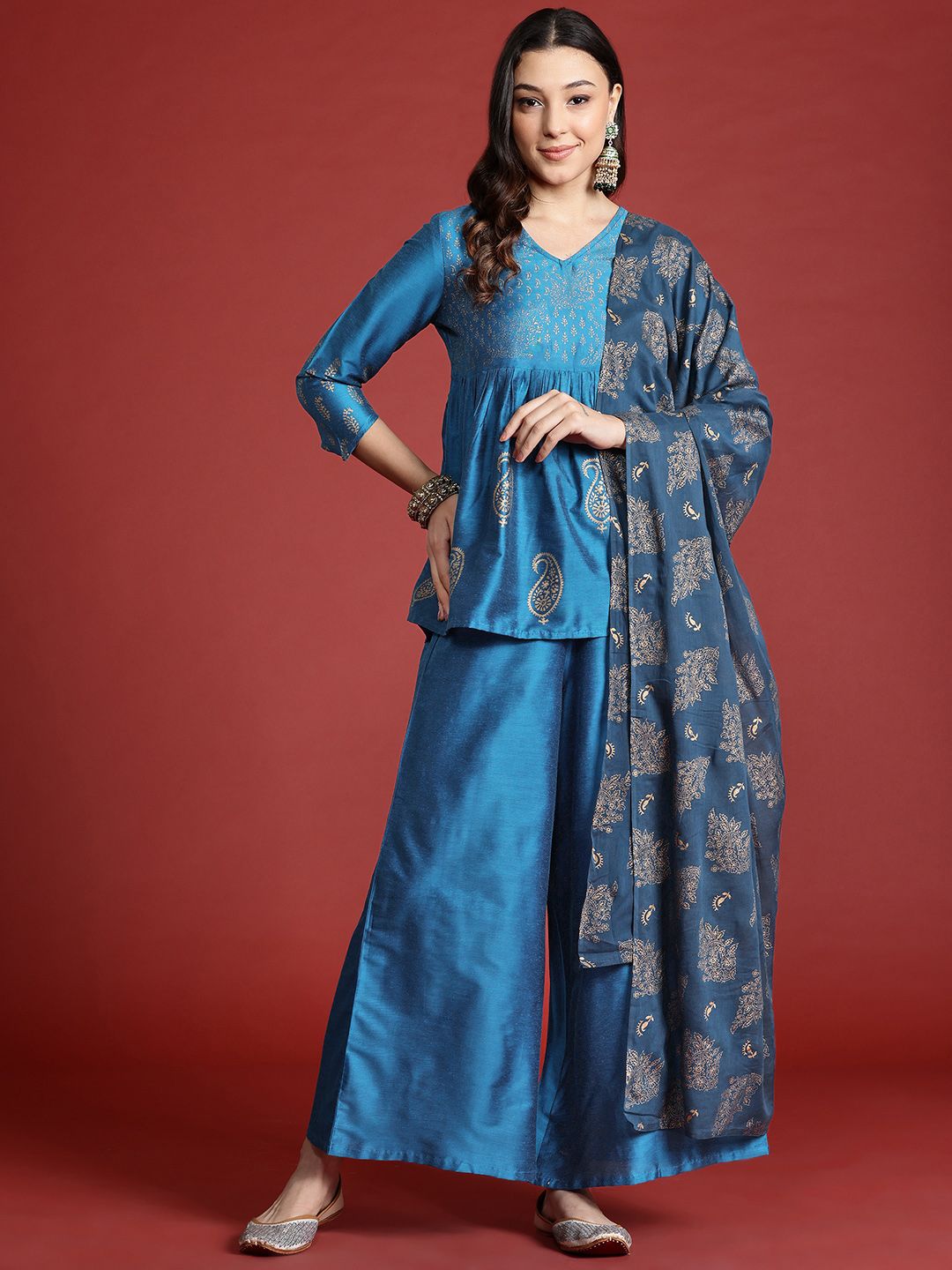 Anouk Tyohar Collection Paisley Print Pleated Kurti with Palazzos & Dupatta