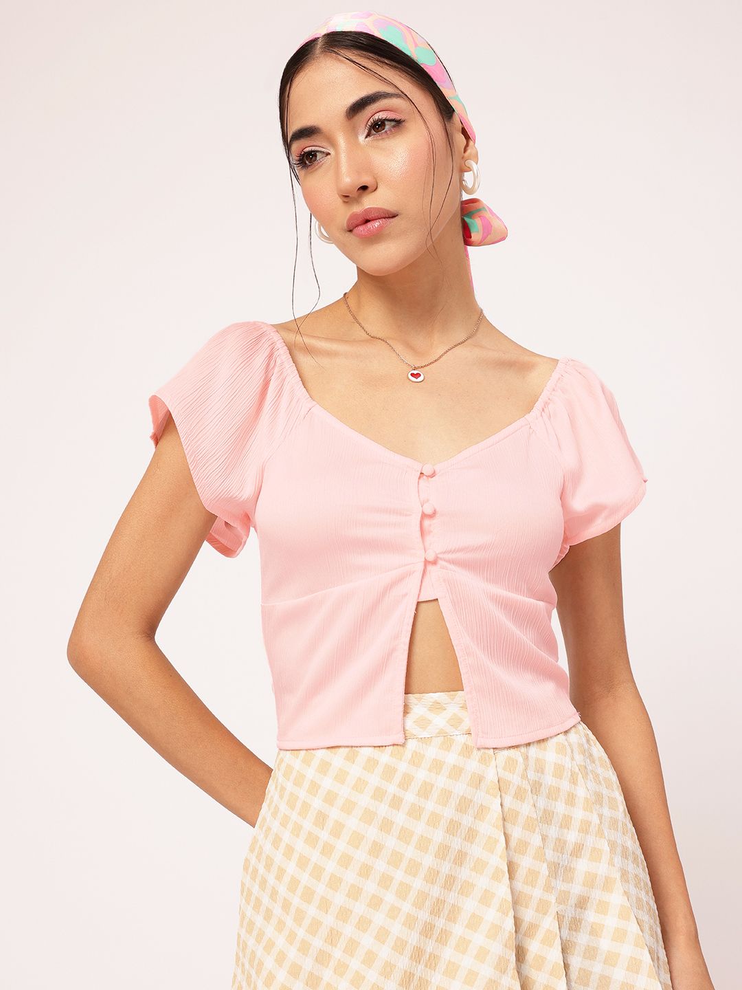 DressBerry Fairycore Smocked Front-Slit Crop Top
