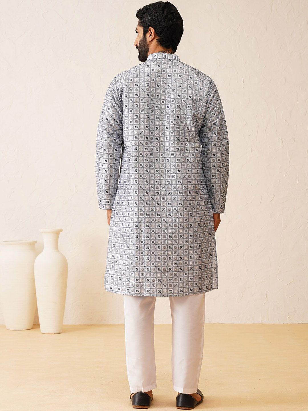 SOJANYA LUXE Motif Etnik Bersulam Kurta Sutera Kapas Labuci Dengan Piyama