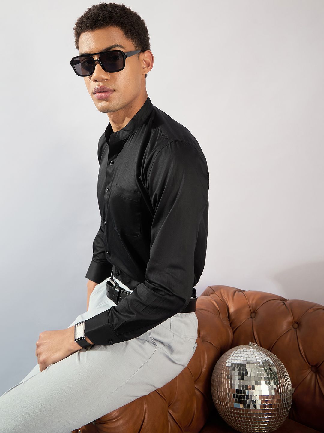 DENNISON Men Smart Mandarin Collar Solid Cotton Casual Shirt