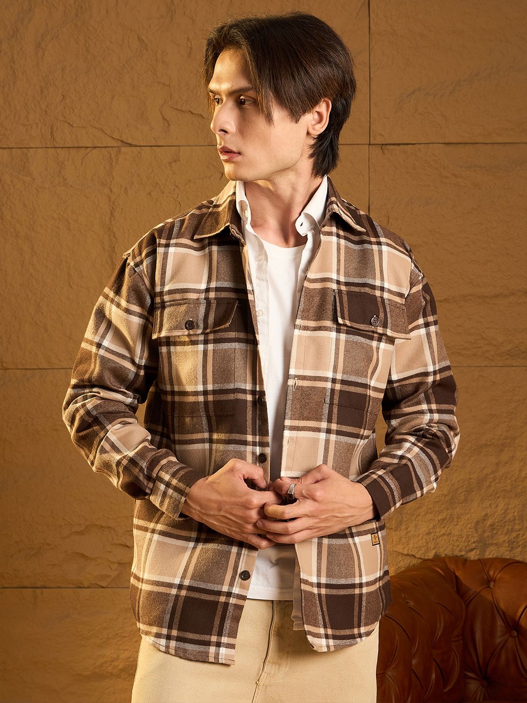 DENNISON Men Double Pocket Drop Shoulder Oversized Cotton Checked Shacket