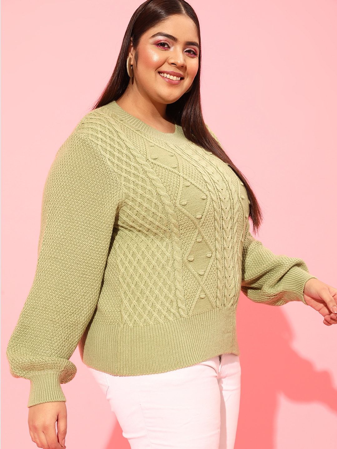 CURVY STREET Plus Size Women Green Cable Knit Acrylic Pullover