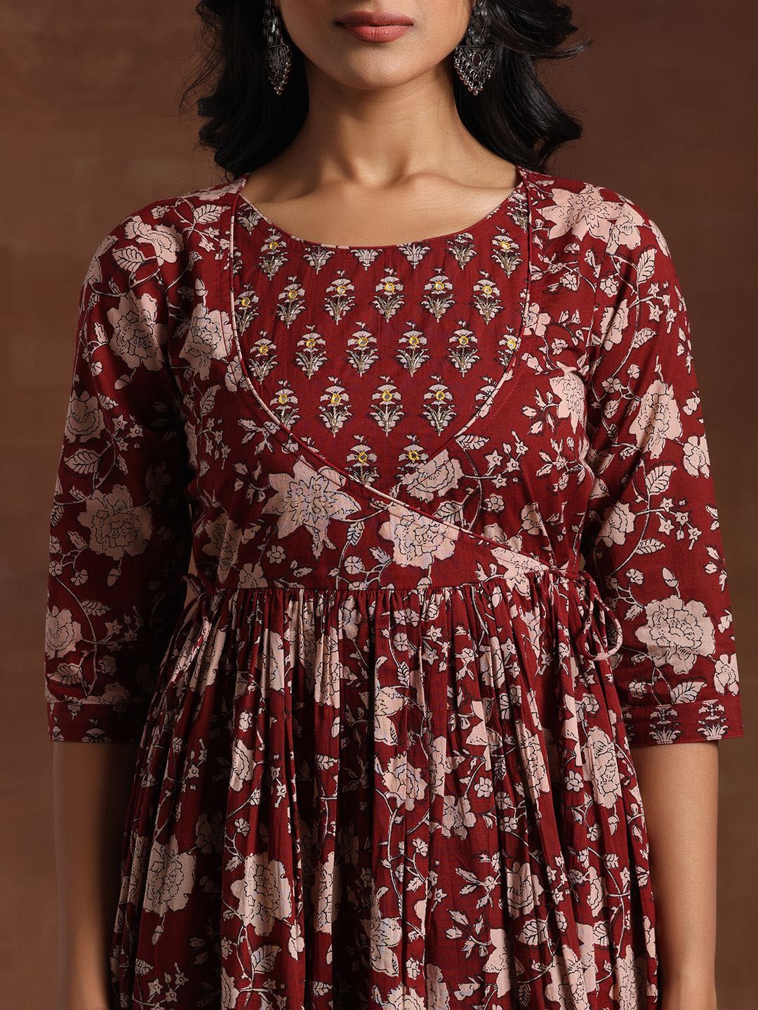 Libas Womens Maroon Printed Cotton Anarkali Kurta With Trousers & Dupatta