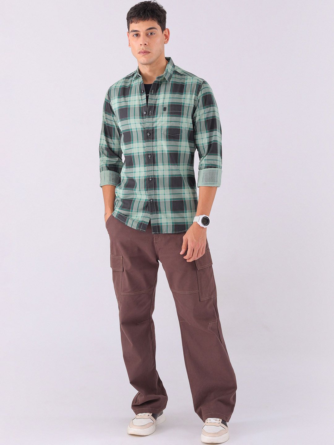 The Indian Garage Co Men Black & Green Tartan Checks Pure Cotton Casual Shirt