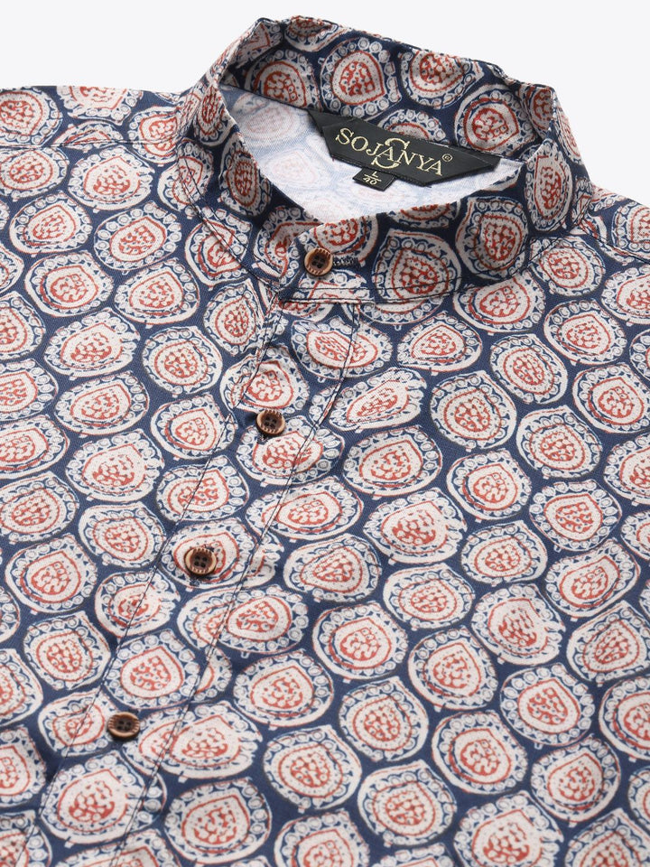 SOJANYA Men Navy Blue & Beige Ethnic Motifs Printed Pure Cotton Kurta